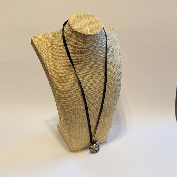 Ornate Silver Heart Medallion on Black Satin Ribbon Necklace - Picture 1 of 5